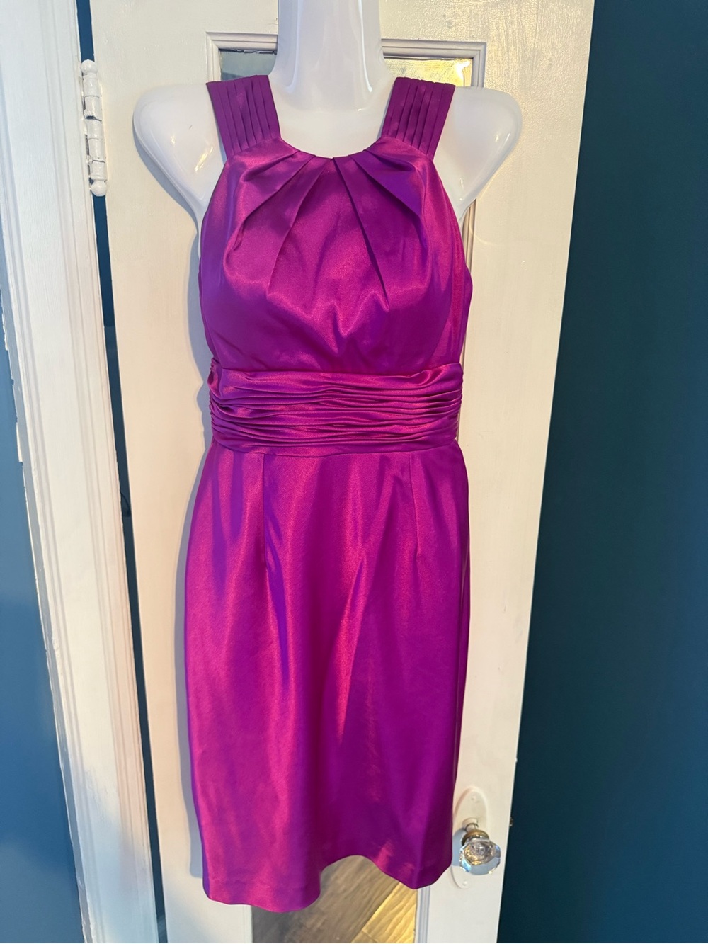 Adrianna Papell Boutique Magenta Purple Ruched Satin Open Back Cocktail Dress 0